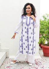 Malvika Cotton White Chikankari Kurti - Purple